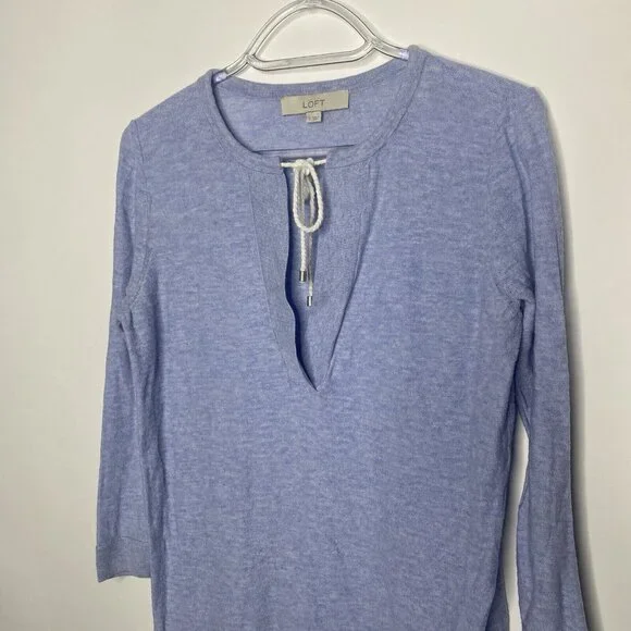 LOFT Sweater Women S Light Blue V-neck Drawstring Long Sleeve Slit Hem - Picture 10 of 11